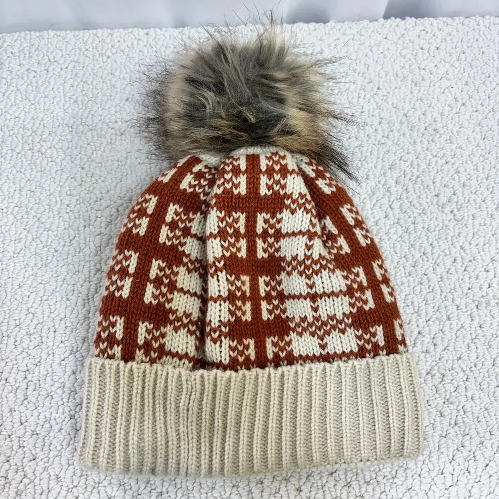Pumpkin Rust Plaid Knit Faux Fur Pom Beanie Winter Hat Cuffed Panache Apparel OS